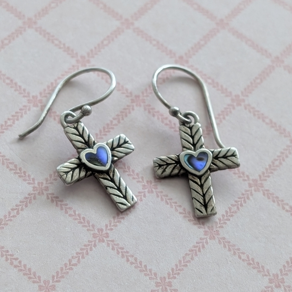 ATI 925 Sterling Cross Dangle Earrings With Heart Accent